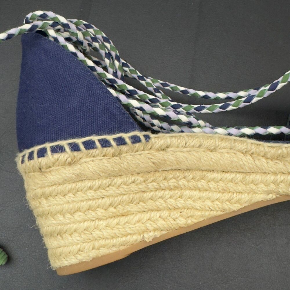 Tory Burch Laguna Espadrille Wedge Shoes Navy Blue Green Lace Up 8.5 NEW - Picture 7 of 9